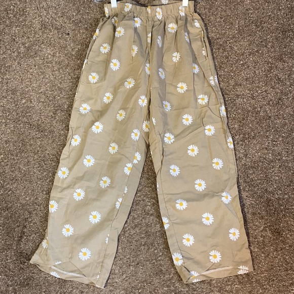 Tan Daisy Flower Pattern Pocket Cotton Beach Pants Hippie 70’s Flashback Bottoms - Picture 8 of 12